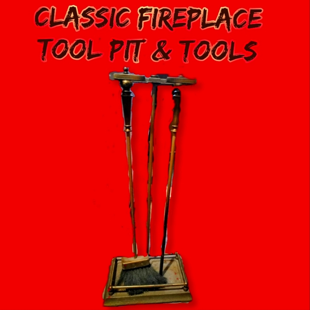 Vintage Brass Pristine Fireplace🔥Tools Linked Ensembled (5 Brass Tools & Base)